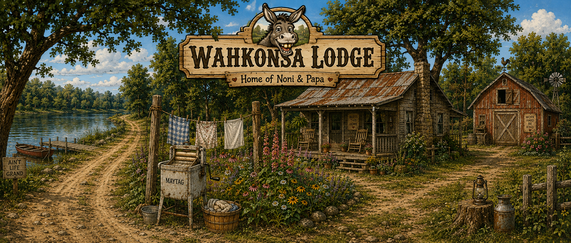 Wahkonsa Lodge, home of Noni and Papa, beside a lake and rustic farmhouse
