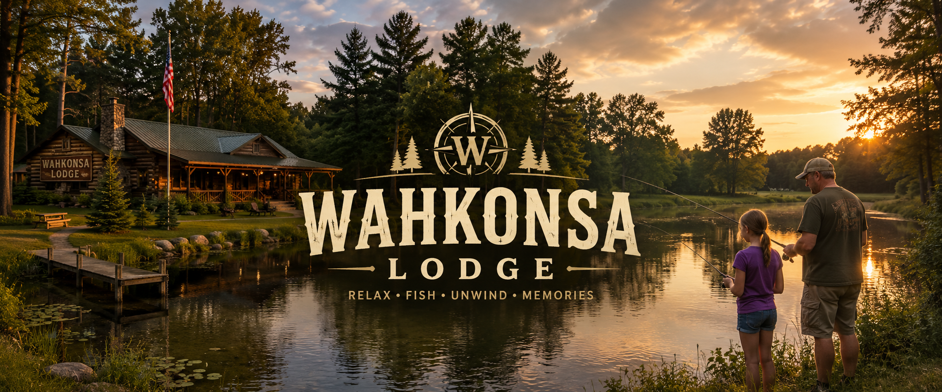 Wahkonsa Lodge rustic Iowa lodge banner with a round W emblem